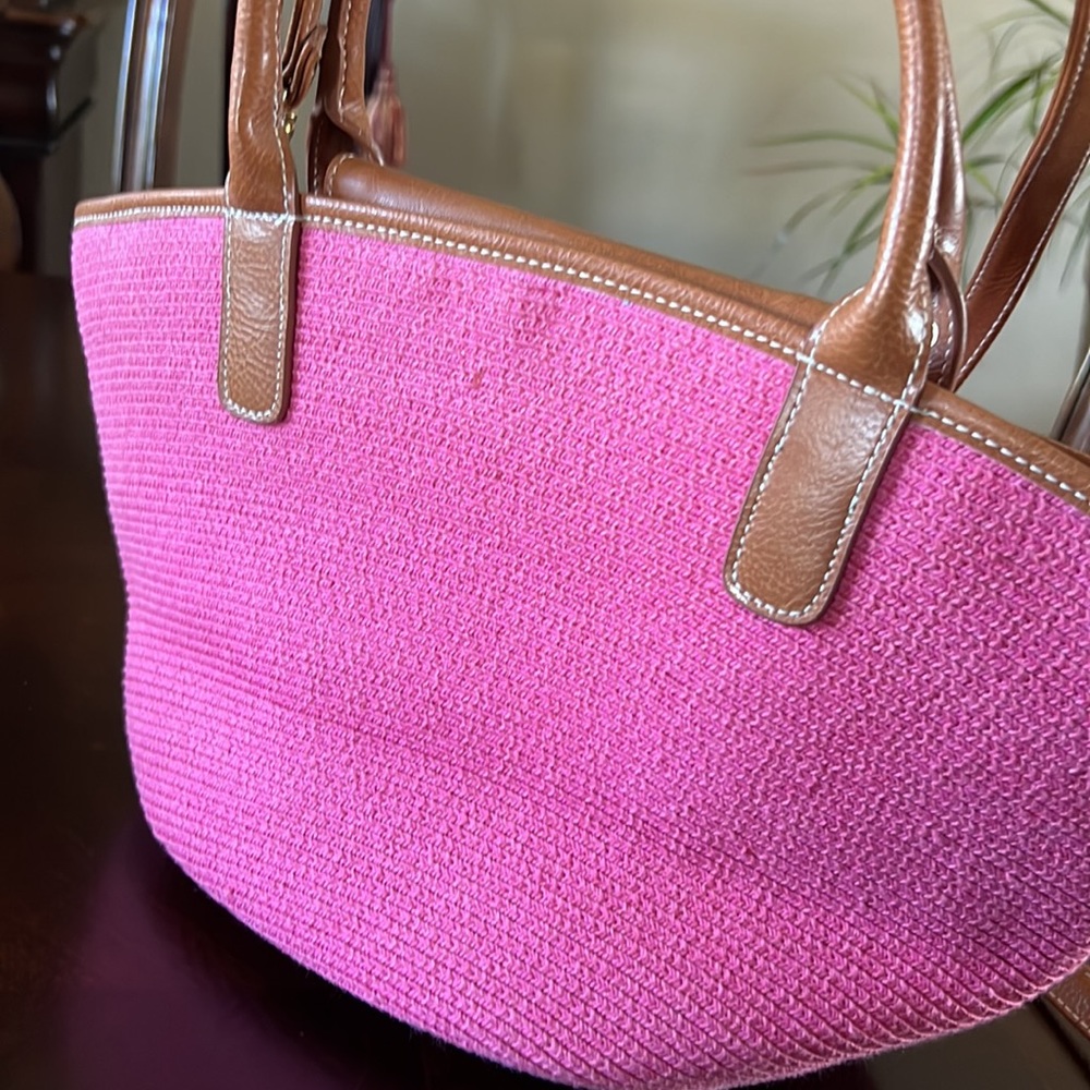 Pink Woven Straw Crossbody Bag Brown Trim Cotton Paper Tote - Picture 9 of 17